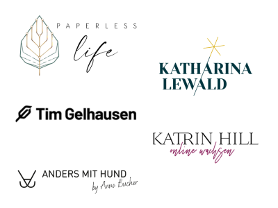 Kunden-Logos Paperless Life, Katharina Lewald, Tim Gelhausen, Katrin Hill, Anders mit Hund